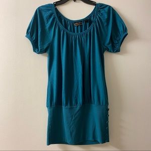 Licorice | Teal Scoop Neck Ribbed Loose Fit Shirt Sleeve Tunic Blouse, L